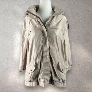 Chicos Windbreaker Jacket Womens Size 2 Metallic Beige Hooded Zip Pockets